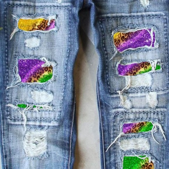 Mardis Gras Sequined Distressed Jeans - Picture 1 of 3